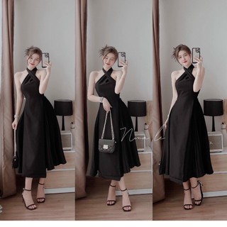 Đầm dự tiệc kiểu hai dây chéo cổ , váy trơn dáng mixi chân xòe nhẹ , mẫu màu đen sang trọng quý phái