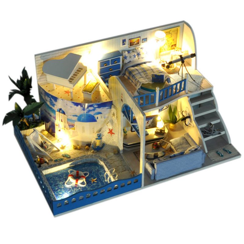 Mô hình nhà thu nhỏ Gác xép Địa Trung Hải CÓ LỒNG CHE BỤI MICA tiny house mô hình nhà gỗ búp bê có nội thất đàn piano