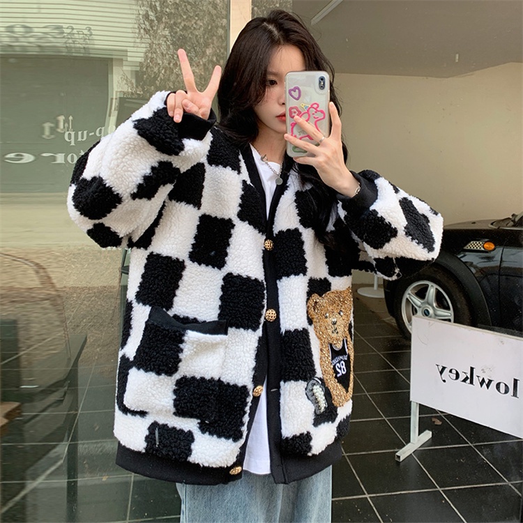 Áo Khoác Lông Cừu Dáng Rộng Thêu Hình Gấu Trượt Ván Kiểu Vintage Hàn Quốc Thời Trang Mùa Thu Cho