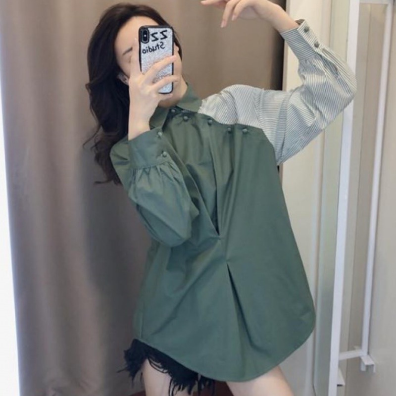 Áo Sơ Mi Nữ Tay Dài Màu Sắc Tương Phản Phong Cách Hàn Quốc