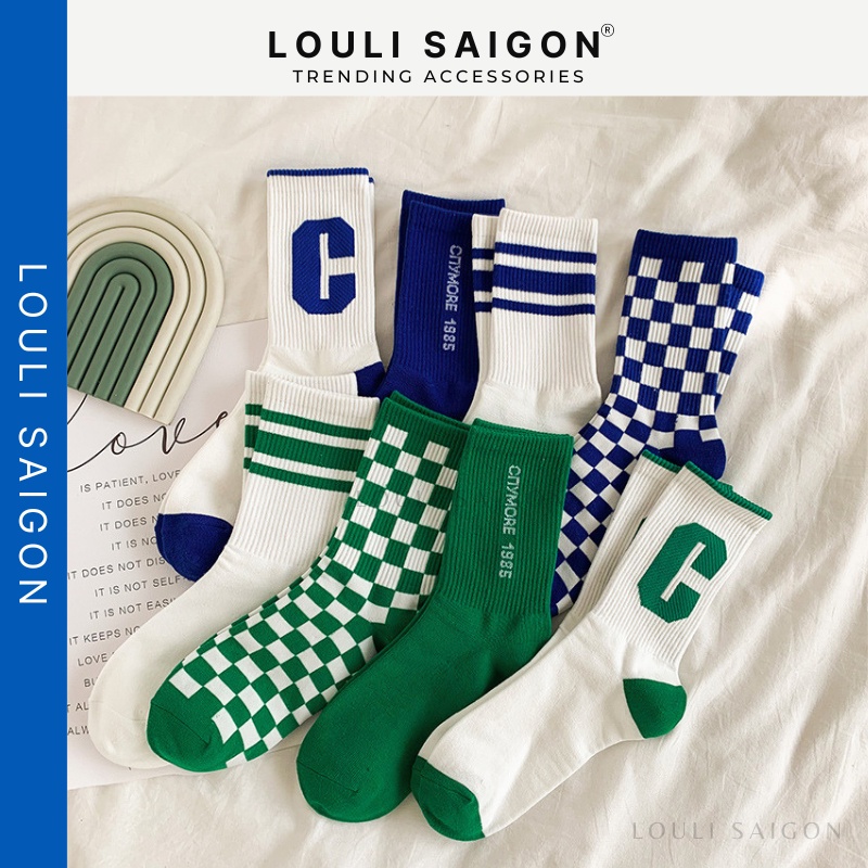 Tất cổ cao nam nữ kẻ sọc caro xanh cá tính, vớ cao cổ Style thể thao chất vải Cotton cao cấp Hàn Quốc TNCC