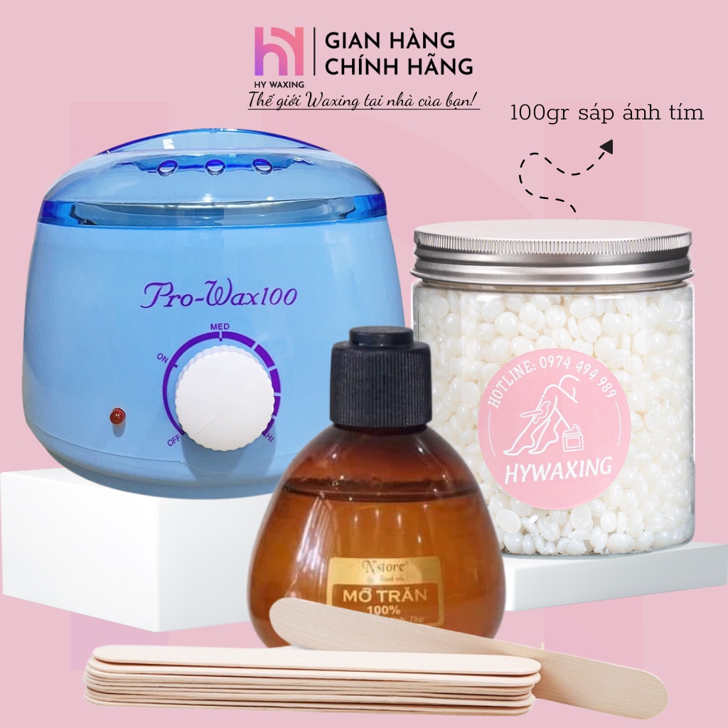 [CHE TÊN] Combo Nồi Nấu Sáp Wax Lông Prowax100 + 100gr Sáp Premium + 75gr Mỡ Trăn Tặng Que HY WAXING