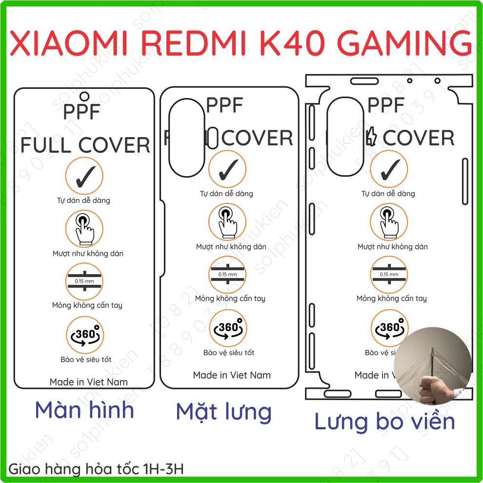 Dán PPF Xiaomi Redmi K40 Gaming loại trong, nhám dành cho màn hình, mặt lưng, full viền