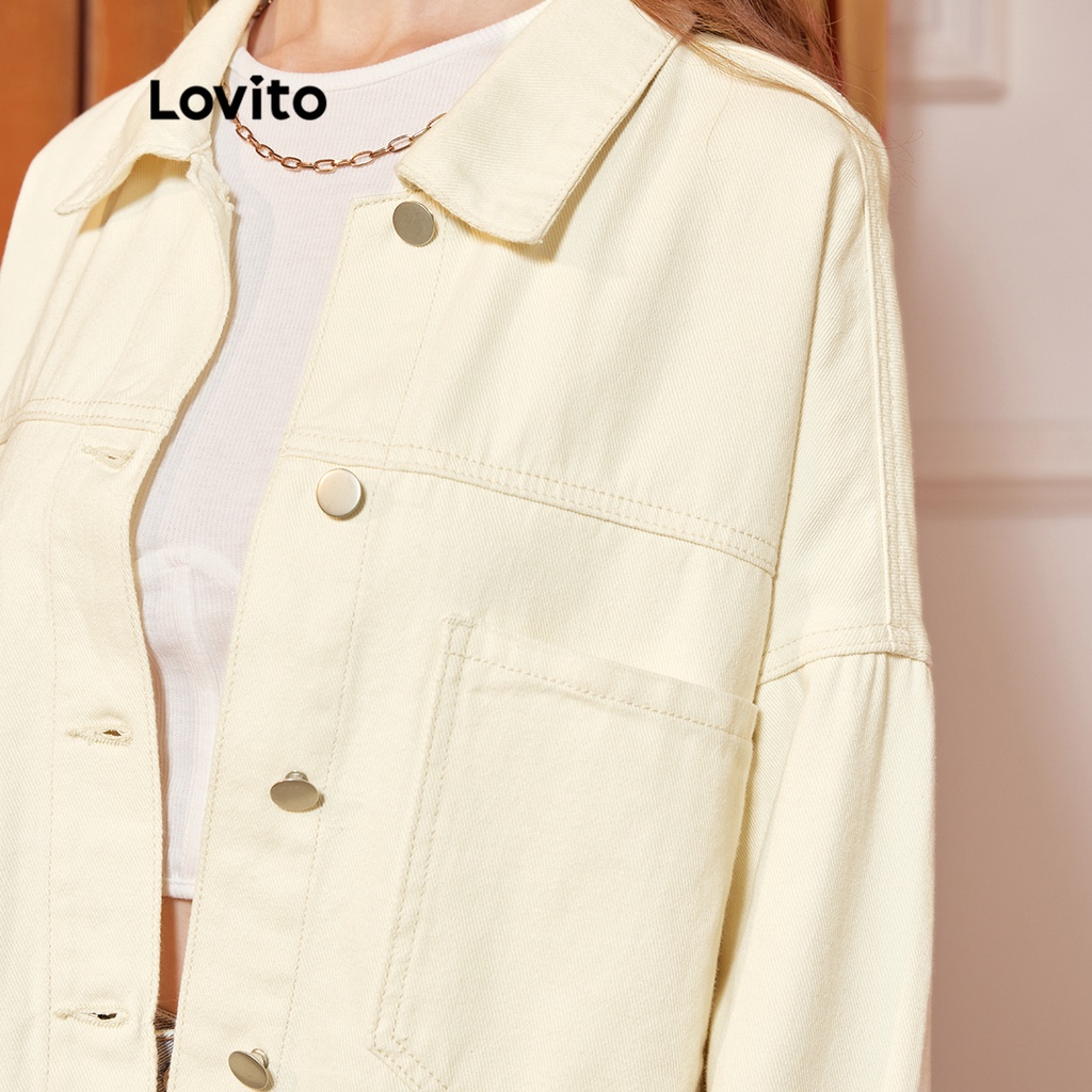 Lovito Áo khoác Denim nữ có cổ giản dị dài tay có túi L35ED041 (Trắt trắng)