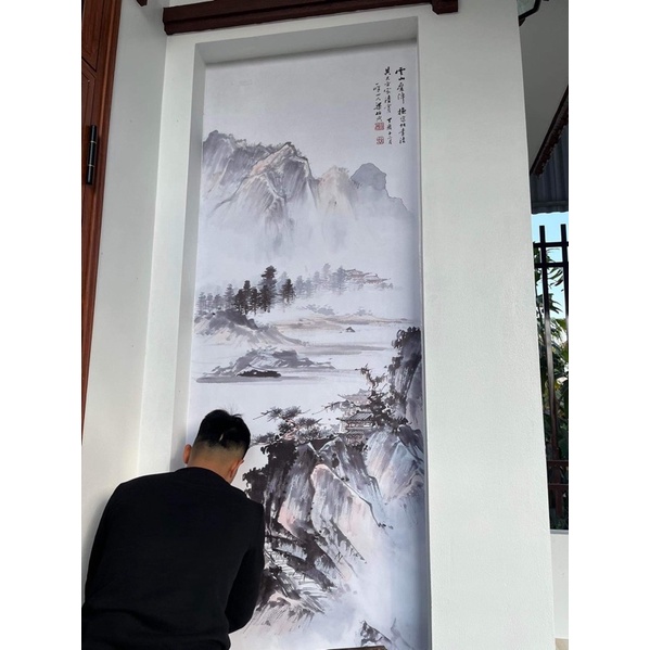 Tranh thủy mặc dán tường 3D phong thủy cho phòng khách, nhà hàng