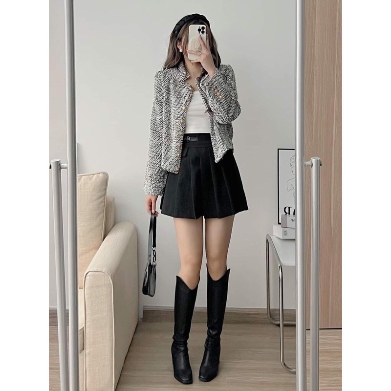 Áo khoác vest blazer nữ kẻ basic dài tay dáng rộng 2 khuy cài túi nắp ngang mở công sở thanh lịch sống chất