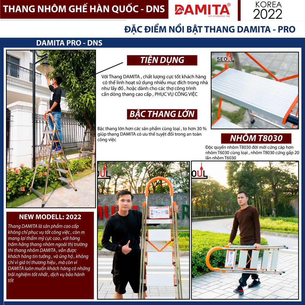 Thang nhôm ghế 3.4.5.6.7 bậc PRO DAMITA cao cấp chính hãng hàn quốc tải trọng 300kg