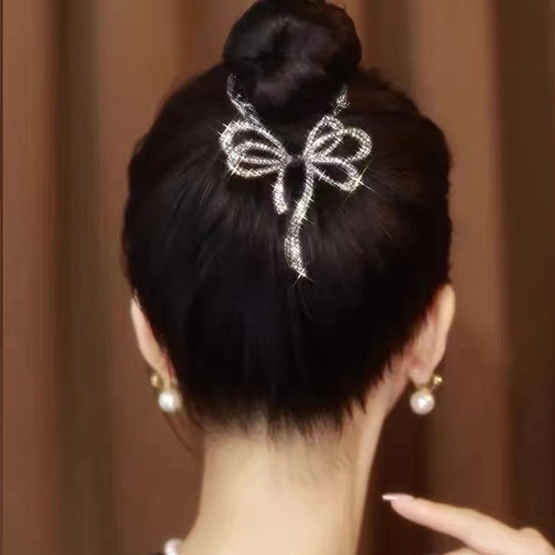 Kẹp Tóc Đuôi Ngựa Hình Nơ Bằng Kim Loại Đính Đá Lấp Lánh Thời Trang