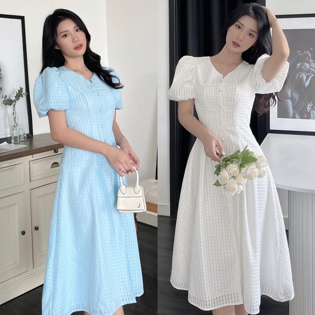 Đầm Dự Tiệc Tay Phồng Nút Bọc HNK365