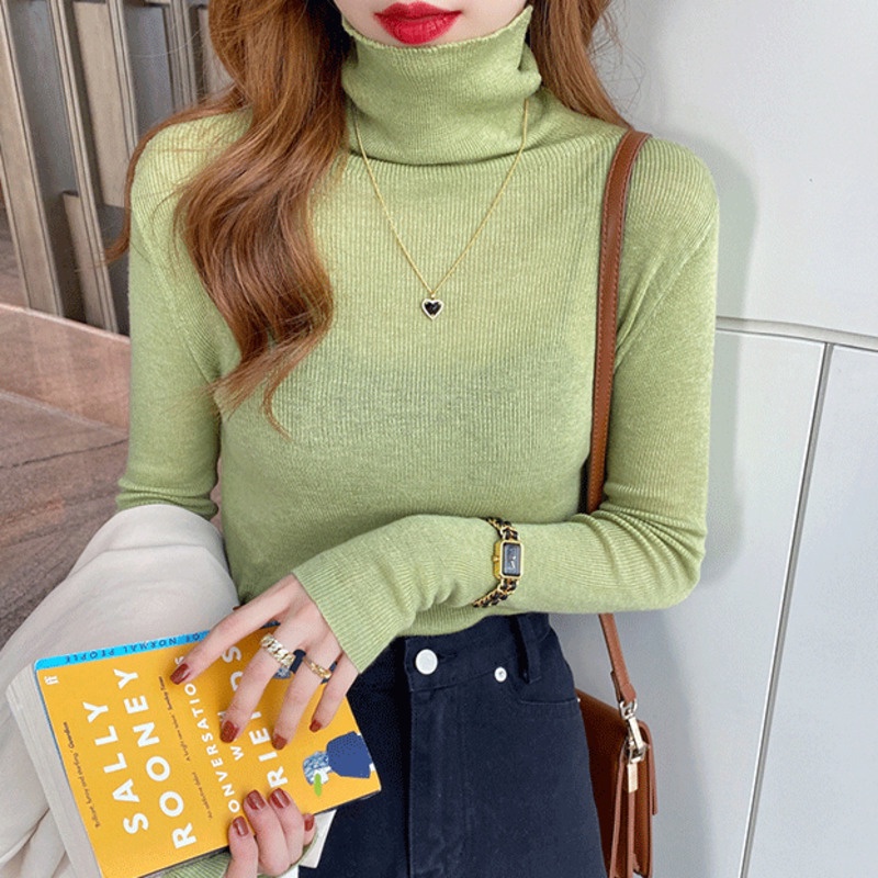 Áo Sweater Dệt Kim Tay Dài Cổ Lọ Màu Sắc Đơn Giản