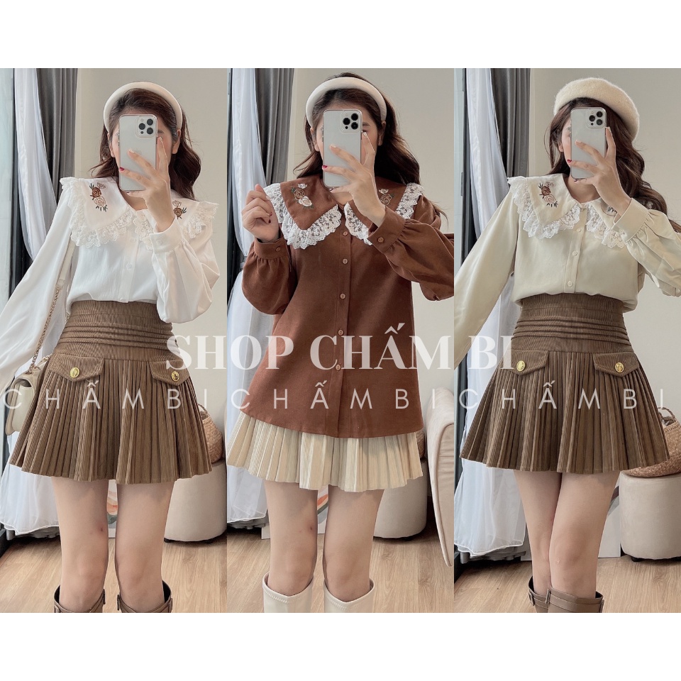 Áo sơ mi babydoll nữ A.409, Áo sơ mi dài tay dạ nhung cổ pha ren thêu hoa hồng siêu xinh - Shop Chấm Bi