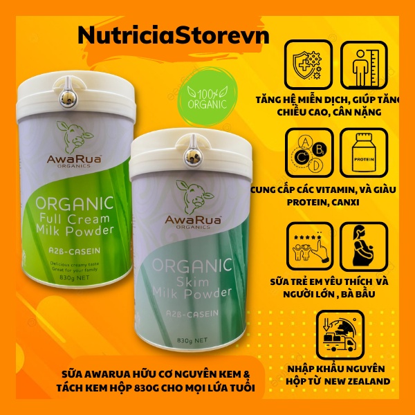 Sữa Bột Hữu Cơ AWARUA Nguyên Kem Và Tách Kem Hộp 830g Nhập Khẩu Nguyên Lon Từ NewzeaLand