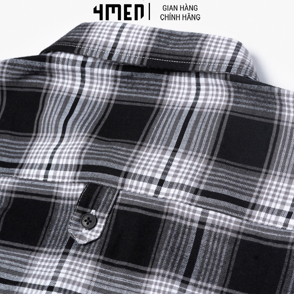 Áo Sơ Mi Nam Tay Ngắn Flannel Regular đắp nhọn 4MEN SM124 caro cổ đứng thanh lịch, vải mềm mại thấm mồ hôi, thoáng mát