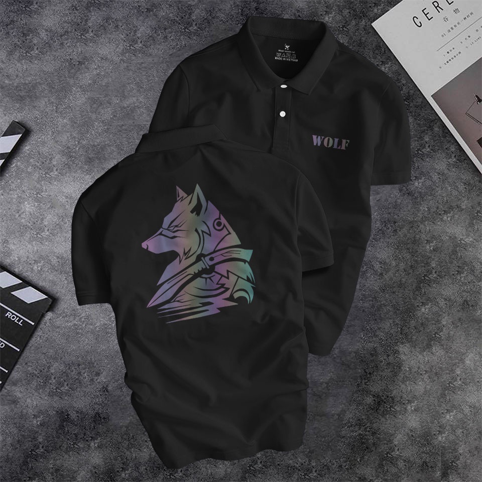 Áo polo nam Depstyle PT150 in hình sói phản quang, vải thun poly cá sấu 4 chiều mặc mát.