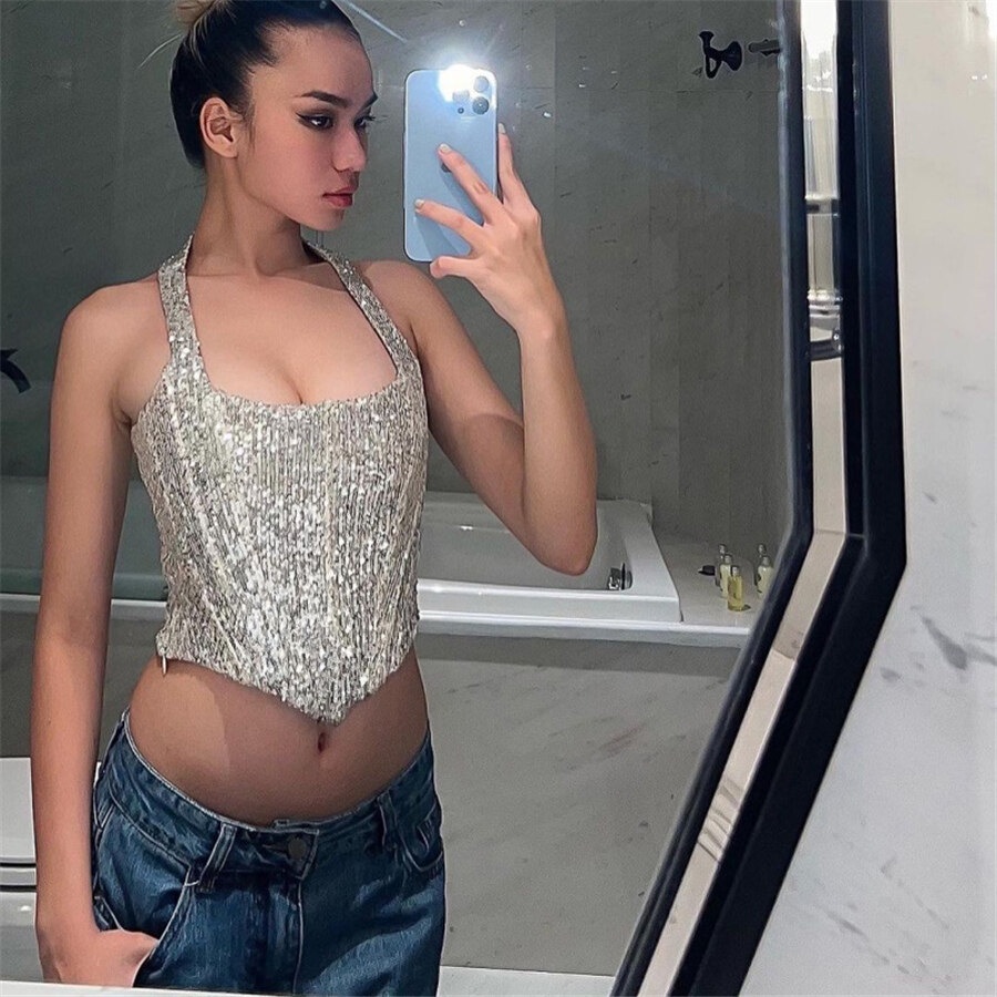 Weird Puss Áo Croptop Hai Dây Đính Kim Sa Lấp Lánh Thời Trang Cho Nữ