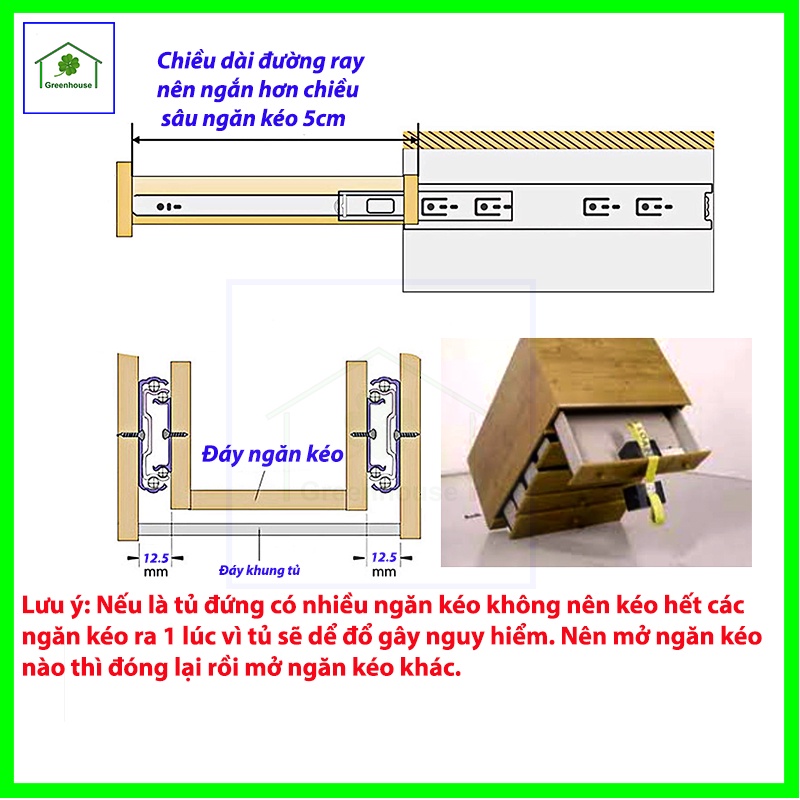 Bộ 2 thanh ray trượt 3 tầng cho ngăn kéo  cho tủ quần áo, tủ bếp, kệ bàn phím vi tính Greenhouse-ngoinhaxanh
