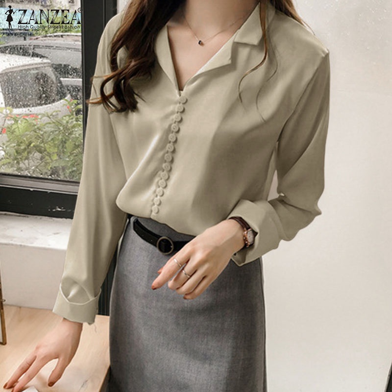 Áo sơ mi ZANZEA tay dài màu trơn phong cách Hàn Quốc thời trang công sở cho nữ