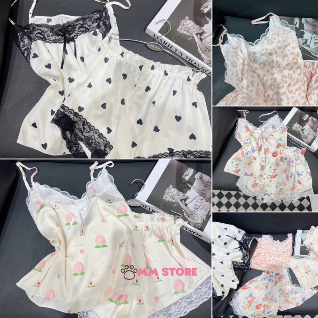 Bộ đồ ngủ sexy, đồ ngủ hai dây lụa satin cao cấp họa tiết sang chảnh, quyến rũ