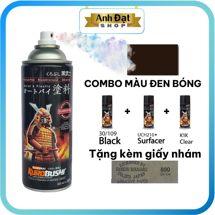 sơn xịt samurai màu đen bóng 109, có khả năng kháng xăng (A92, A95) chống rạn nứt, bình xịt