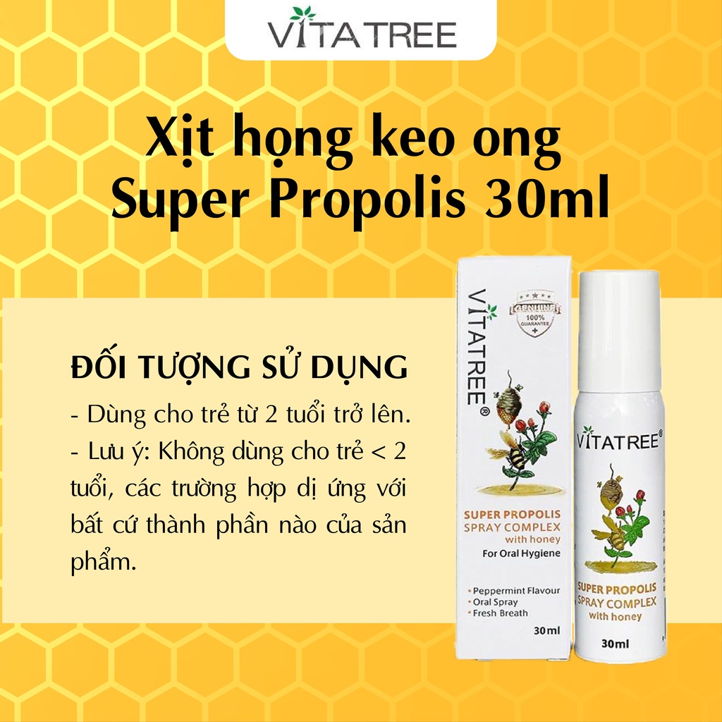 Xịt họng keo ong Vitatree Super Propolis Spray Complex with honey, giảm ho đau ngứa rát họng hiệu quả