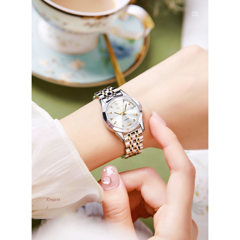 Đồng Hồ Nữ Olevs Dây Kim Loại Bằng Thép Mặt Tròn Size 27mm Đính Kim Cương Chống Nước Thời Trang Công Sở Sang Trọng