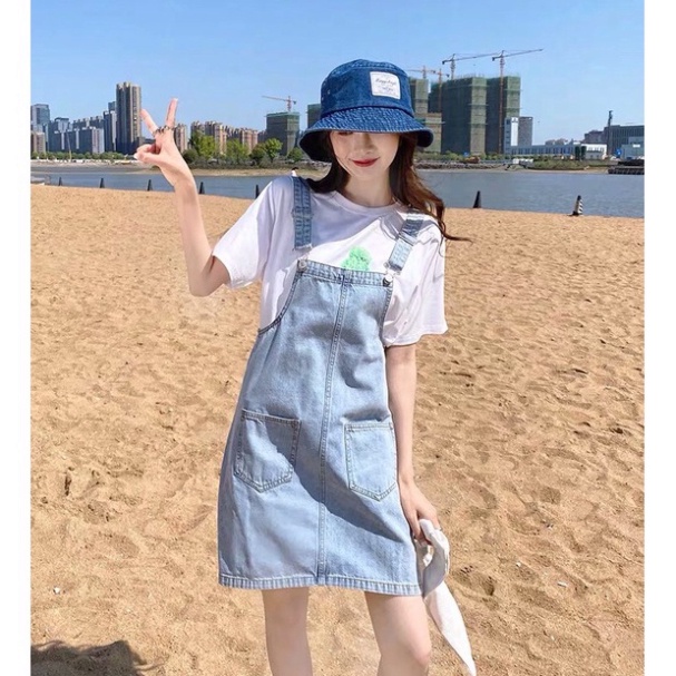 Váy Yếm Jean Dáng Rộng Hai Dây Cao Cấp Cho Nữ, Váy Jeans Bò Dạng Yếm Hai Túi Trước Quần yếm denim xanh đen trắng Phong C