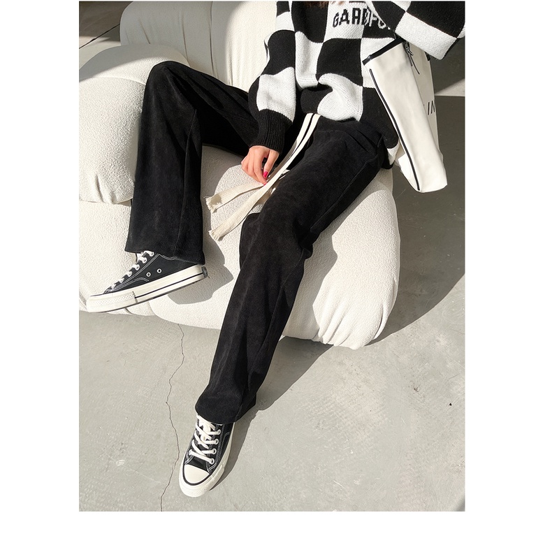 Quần Nhung Lưng Cao Ống Rộng Màu Trơn Phong Cách Hàn Quốc