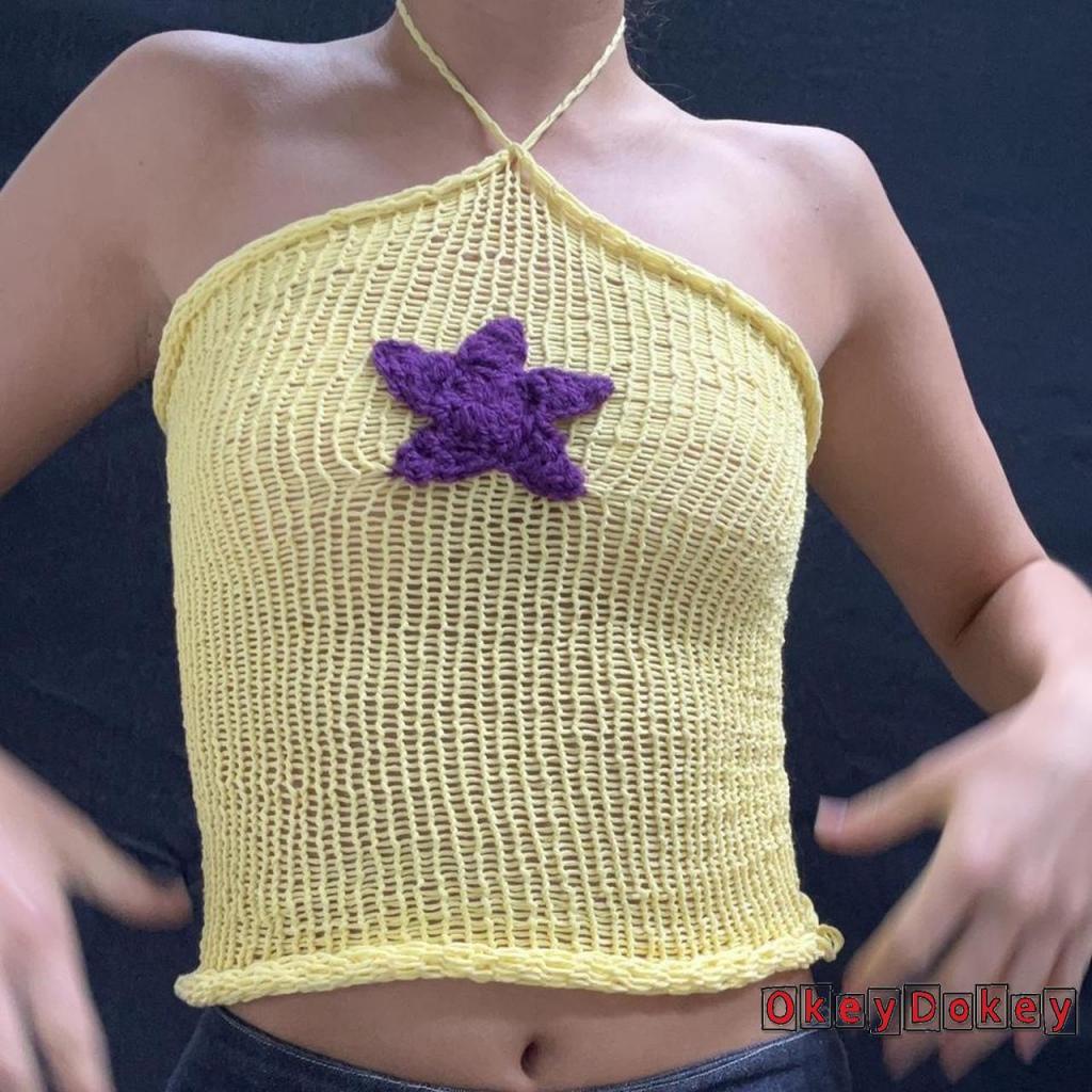 Áo Croptop Dệt Kim Hở Lưng In Họa Tiết Ngôi Sao Phong Cách Cổ Điển Cho Nữ OKDK-y2k
