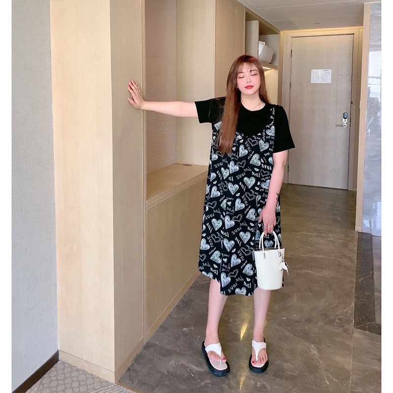Đầm đen kiểu yếm in trái tim bigsize lớn 80-120kg