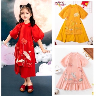 [sz 8-35kg.BAO ĐẸP. LOẠI 1 Sét áo dài cách tân cho bé gái thêu hoa sen cho trẻ em ful size 10-35kg