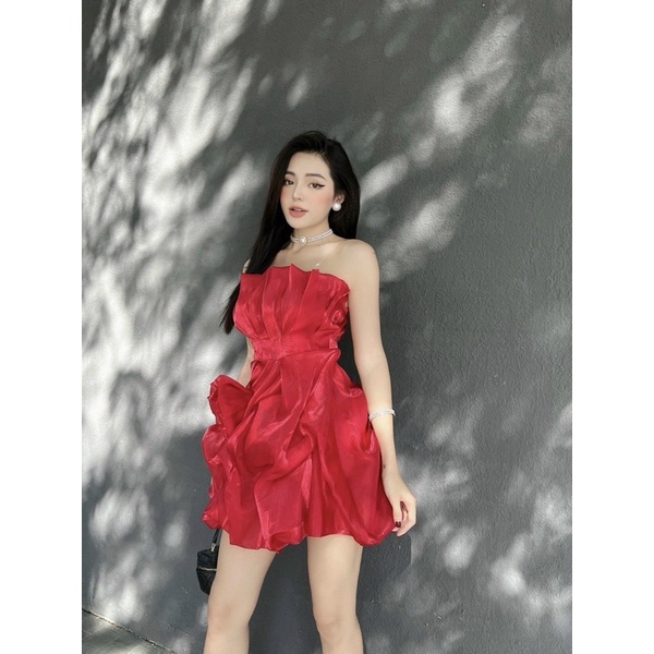 Đầm tơ nhũ xoắn hoa bồng bềnh trắng hồng đỏ tím, váy ngắn xếp ly ngực sang trọng quý phái tiểu thư dự tiệc cưới tết noel