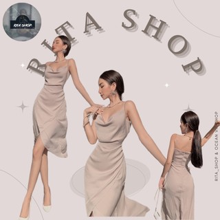 Đầm 2 Dây cổ đỗ Satin Midi Nhún Xẻ Đùi sang trọng - DD03195