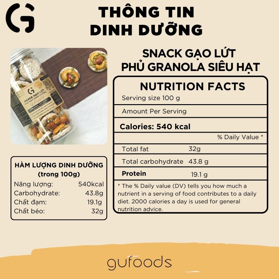 Combo 2 hũ Snack gạo lứt phủ granola siêu hạt GUfoods (200g) - Ăn vặt healthy, Hỗ trợ giảm cân, Ăn kiêng, Eat clean