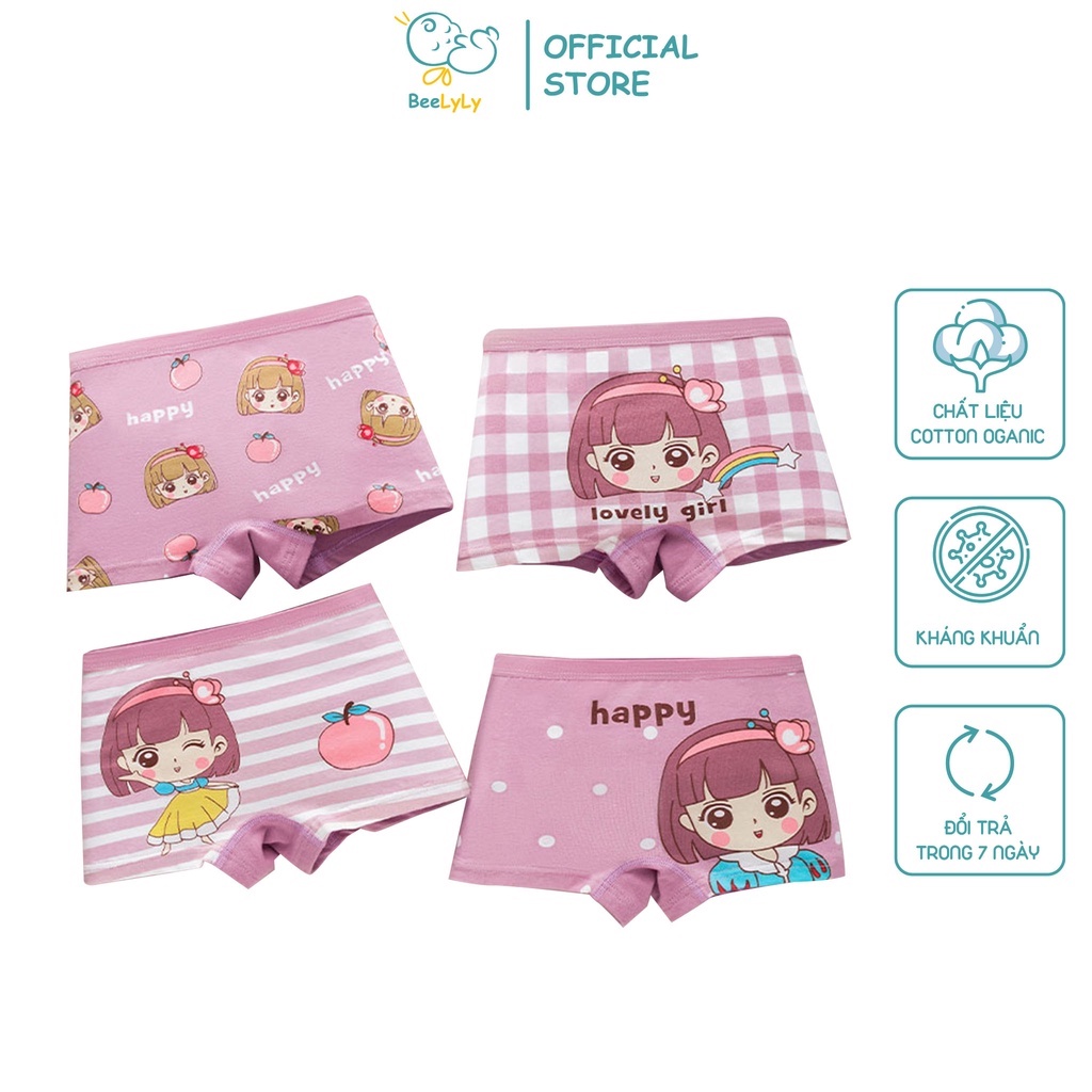 Set 4 Quần Chip Đùi Bé Gái BeeLyly Cotton Cao Cấp, Quần Lót Bé Gái Mềm Mịn Organic Kháng Khuẩn Từ 10-30kg A3