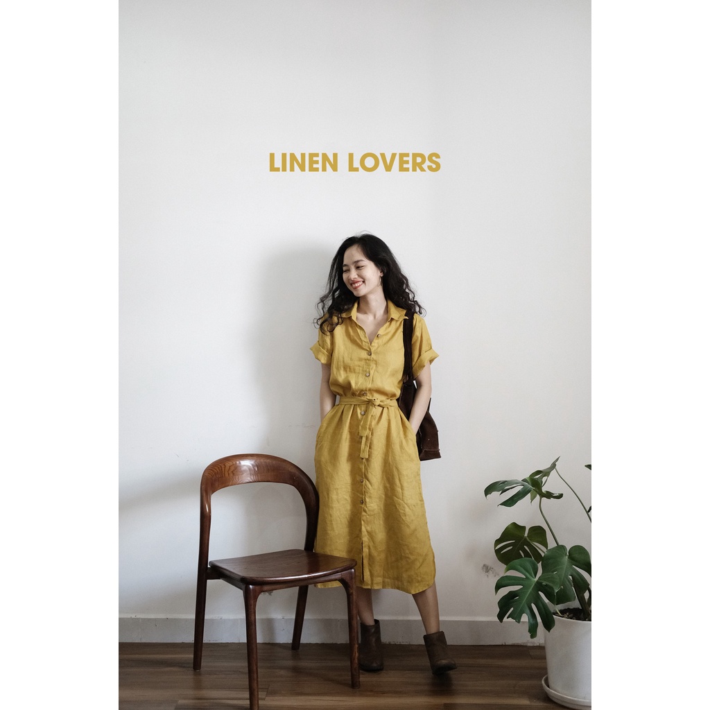 Đầm sơ mi Linen tưng nữ tay ngắn thời trang Linen