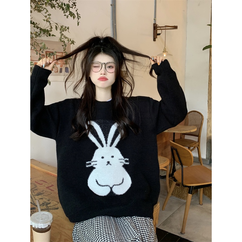 SUXI Áo Sweater Dệt Kim Tay Dài Dáng Rộng Cổ Tròn In Hình Thỏ Dễ Thương
