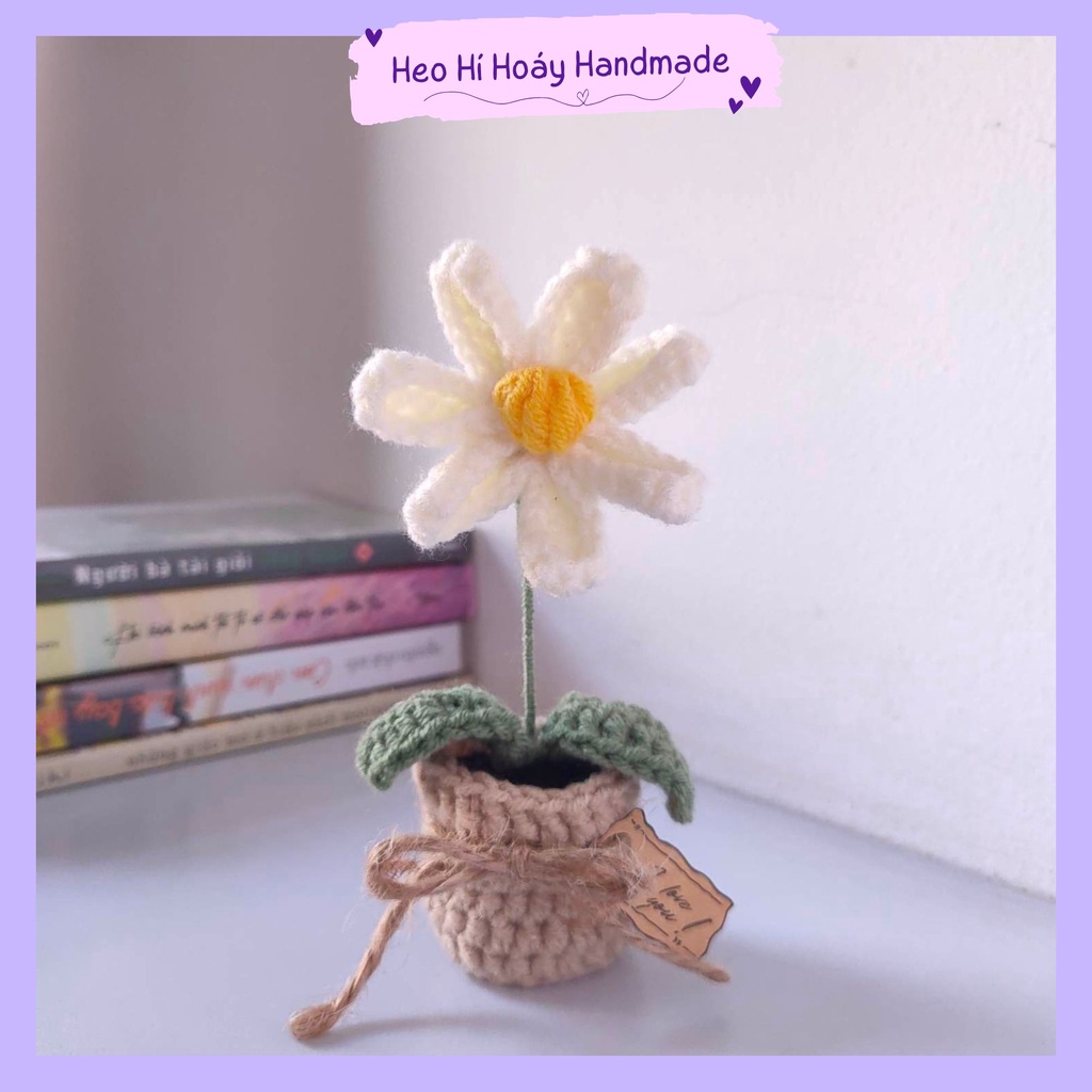 Chậu Hoa Len Cúc Trắng Mini, Quà Tặng Handmade by Heo Hí Hoáy
