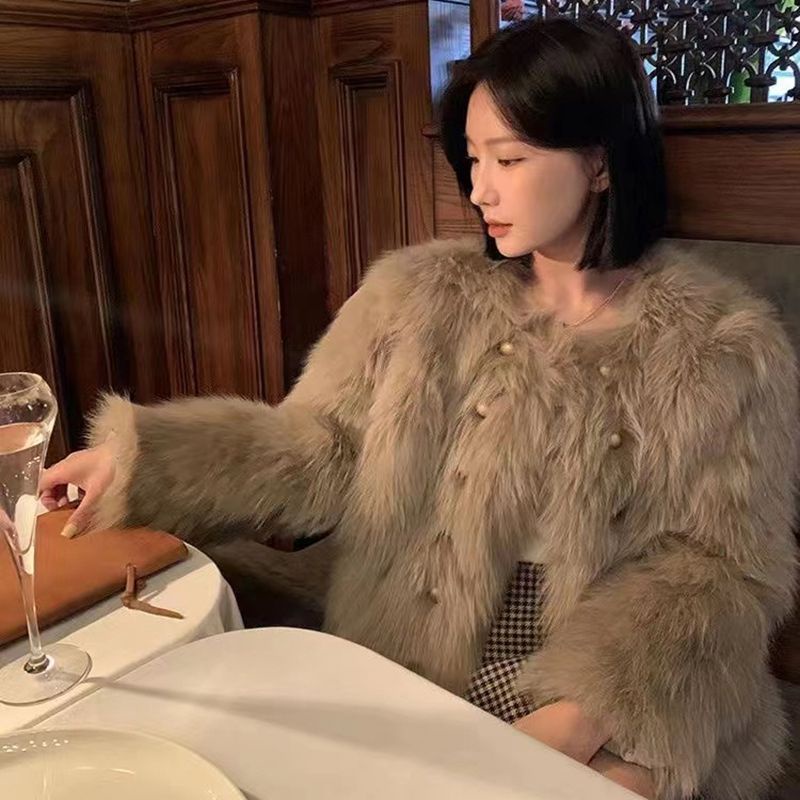 [S N ph m m i] Áo Khoác Lông Cáo Dệt Ngắn Phong Cách Mới Cho Nữ