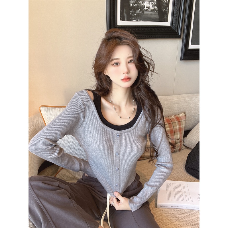 ZHELIHANGFEI Áo len dệt kim nữ dài tay hai mảnh có cổ cao thon gọn tất cả các chốt gợi cảm