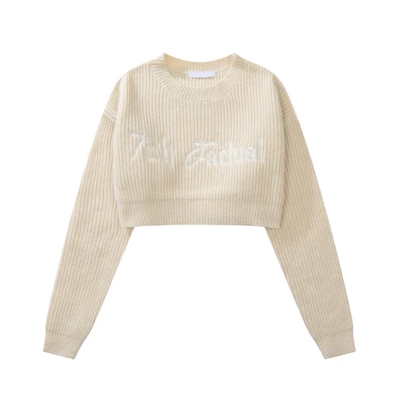 Áo len croptop tay dài cổ tròn thêu chữ thời trang Hàn Quốc dáng ngắn cá tính sành điệu LUHAZO sweater retro vintage