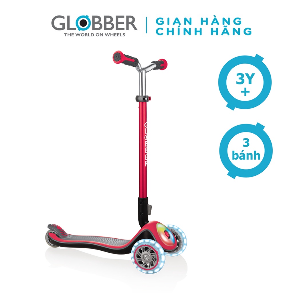 Xe Trượt Scooter 3 Bánh Gấp Gọn Có Bánh Xe Và Mặt Trước Phát Sáng Globber Elite Prime Cho Trẻ Em Từ 3 Đến 9 Tuổi - Đỏ