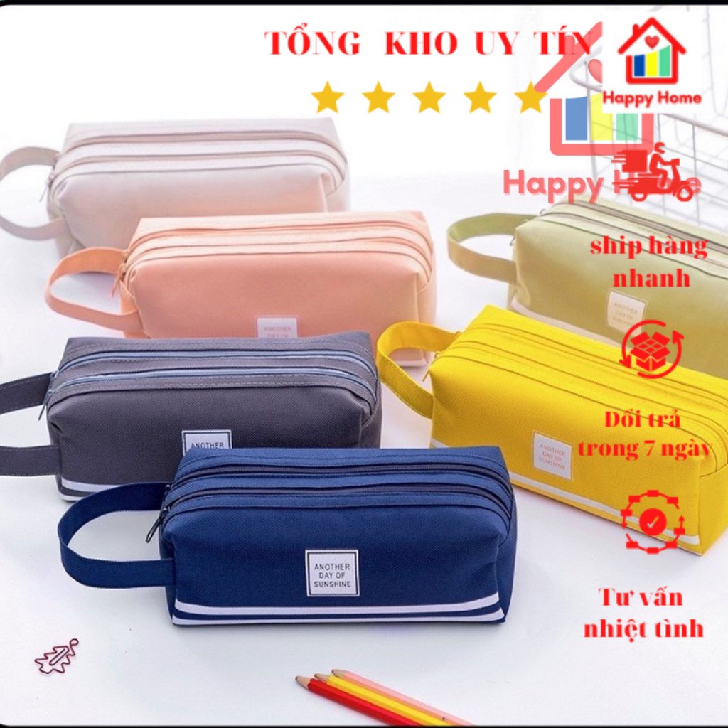 Hộp bút vải đẹp 2 ngăn tiện dụng đa năng, túi đựng bút vải canvas Oxford kiểu Hàn Quốc Happy Home