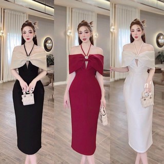 Đầm midi rớt vai dây cổ yếm khoét
