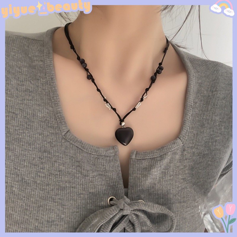 Vòng cổ Mặt Hình Trái Tim Đính Đá Opal Màu Đen Phong Cách Hàn Quốc Ngọt Ngào