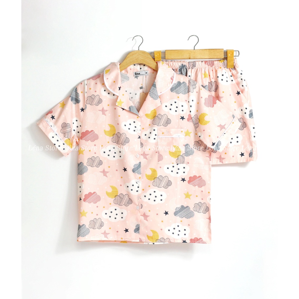 Bộ Pijama thô Hàn hồng mây trắng áo ngắn quần ngắn