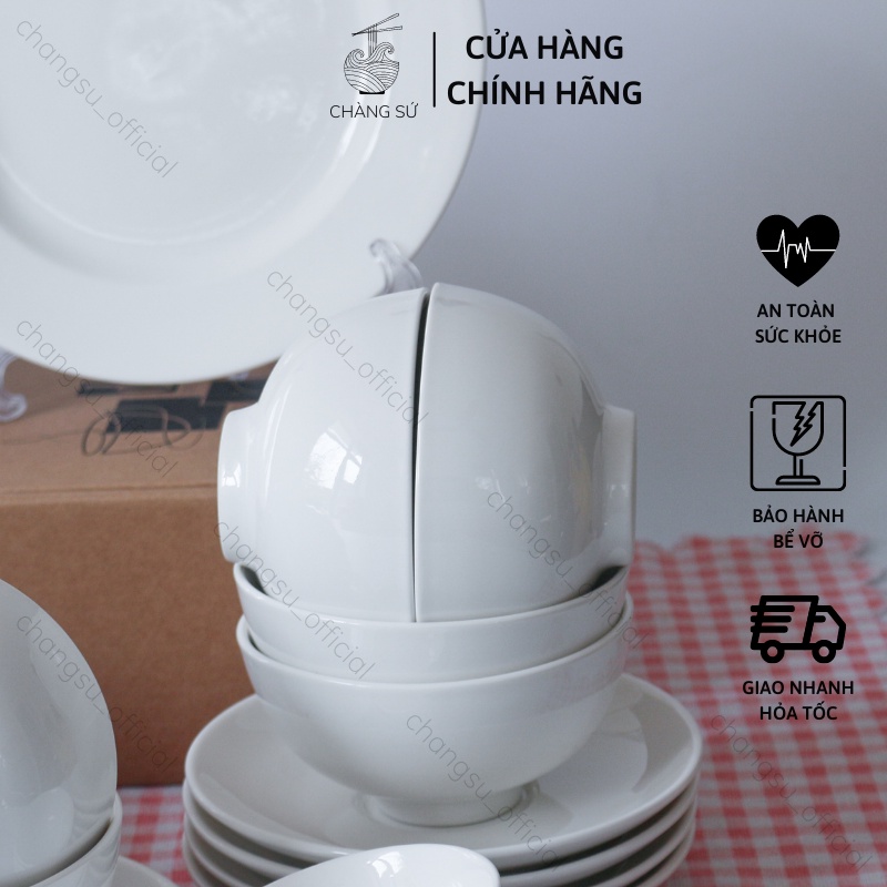 Bộ chén dĩa sứ 18 món trắng trơn men bóng - Set bát đĩa sứ Minh Châu gia đình 6 người - Vỡ 1 đổi 1