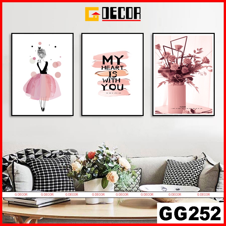 Tranh treo tường canvas khung gỗ 3 bức phong cách hiện đại Bắc Âu tranh cô gái treo phòng khách phòng ngủ phòng ăn 252