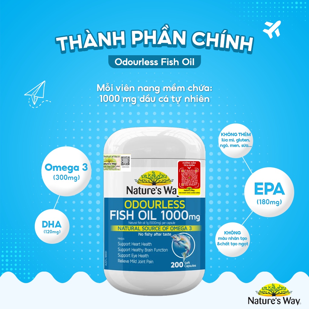 Viên Uống Dầu Cá Nature’s Way Odourless Fish Oil 1000mg Tăng Cường Sức Khoẻ Tự Nhiên Không Mùi Hộp 200 Viên