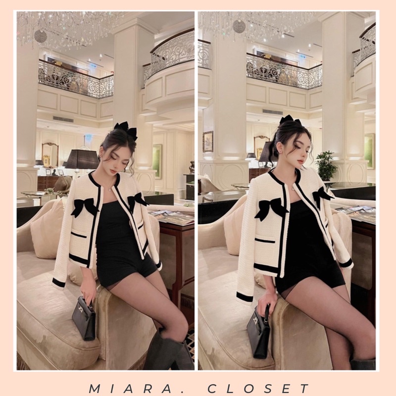 Áo Dạ Tweed phối Nhung nơ ngực hàng 2lớp xịn xò