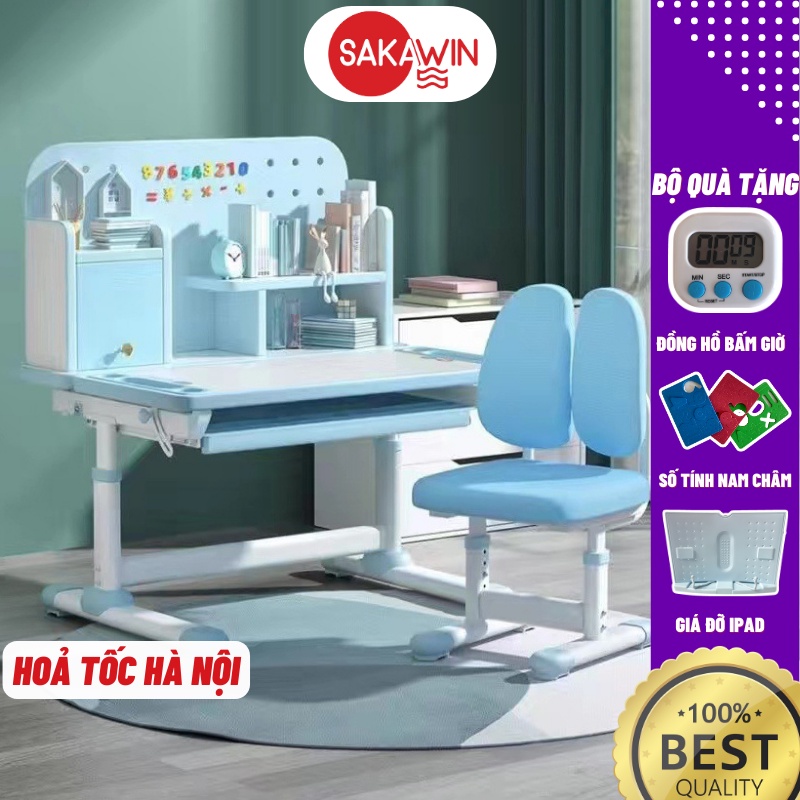 Bộ bàn học chống gù Sakawin A16 Bàn học cho bé có giá sách Nâng hạ chiều cao bàn ghế tiện lợi